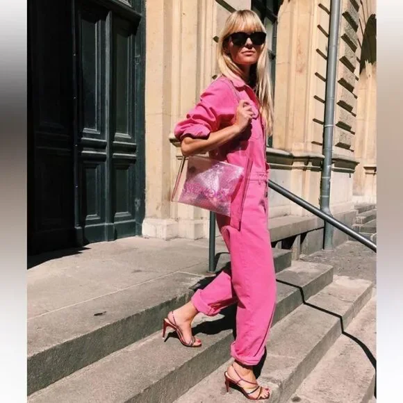 Ganni Pink Jumpsuit Boilersuit Cotton Denim Size 2